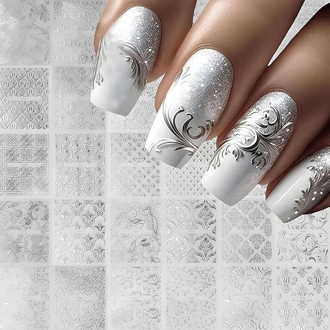 30 Sheets Silvery Stickers 3D Self-Adhesive Lace Nail Decals Retro Flower Designs Nail Supplies Acrylic Nail Decoration DIY Nails Art Accessories for Women