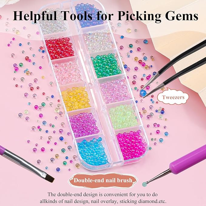 3D Mixed Sizes Bubble Beads Nail Charms Jewelry, 3D Aurora Bubble Beads Nail Charms Colorful Iridescent Mermaid Crystal Gems with Pickup Tools for Nails DIY Crafts Decorations(30-K1-3)