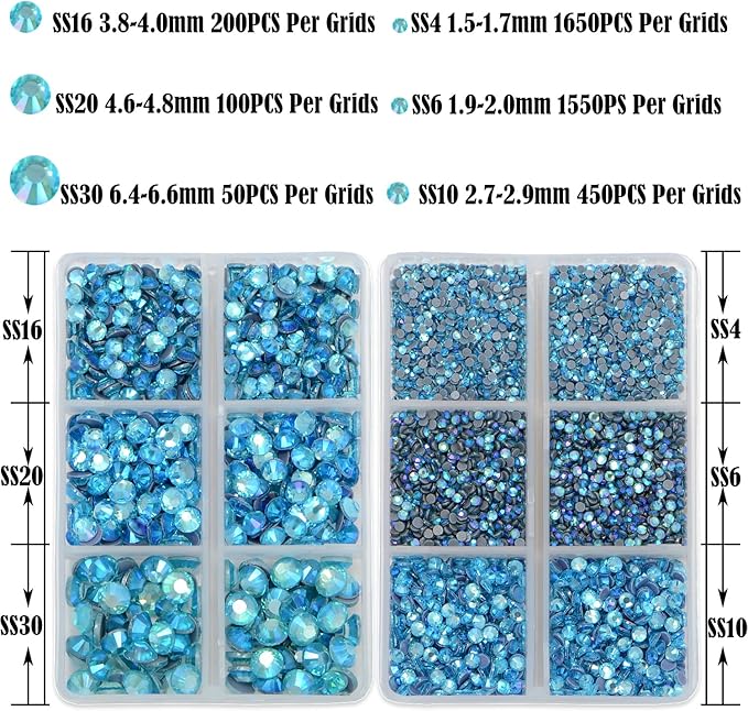 NCB Hotfix Iron on 8000pcs Crystal Rhinestones Round Gem for Crafts Decoration DIY Jewelry Making with a Tweezers and 2 Picking pens (Aquamarine AB, 6Sizes SS4-SS30)