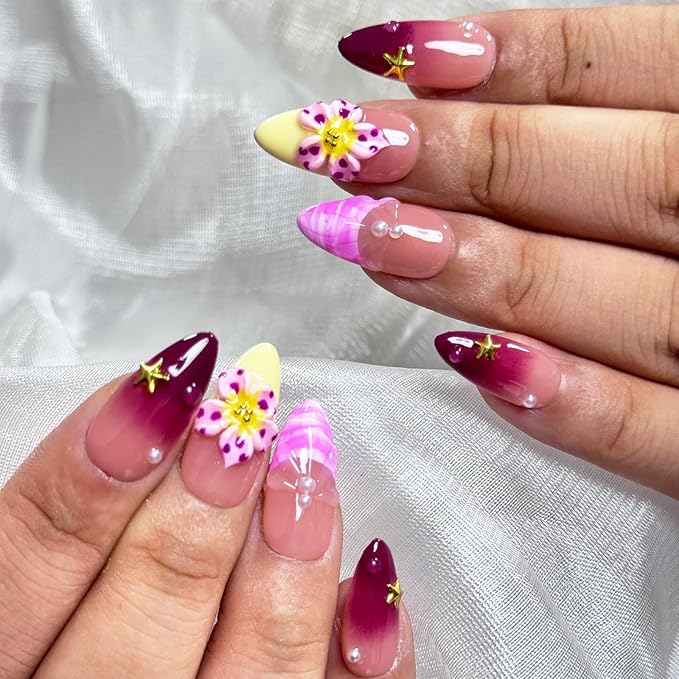 Handmade Press on Nails Wine Red Gradient,French Tip 3D Flower & Pearl Designs,Full Cover Medium Almond Fake Nails,Multi-Layer Gel Acrylic Stick on Nails for Women (10pcs)