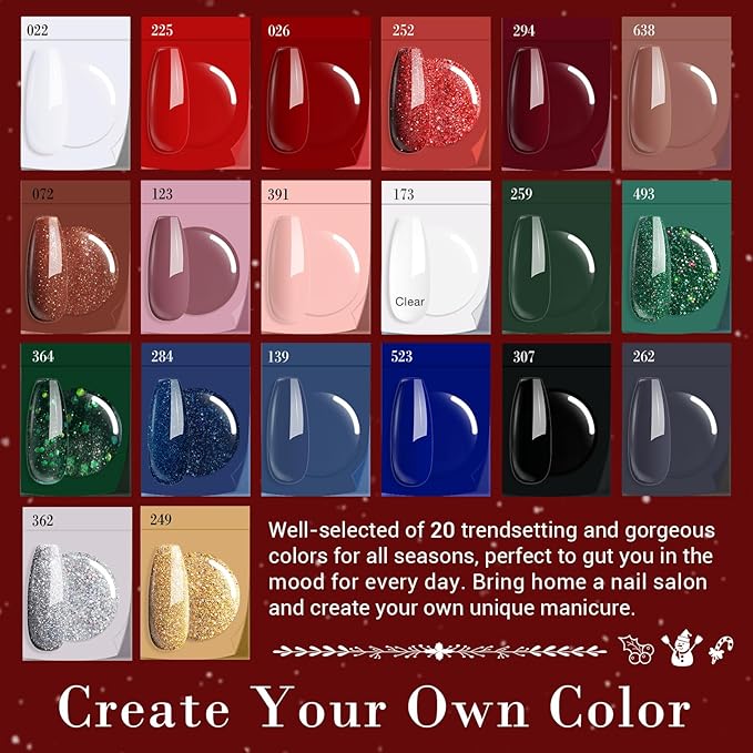 AZUREBEAUTY 31 PCS Dip Powder Nail Starter Kit Christmas Red Green Gold Grey Acrylic Dipping Powder 20 Colors Set with Recycle Tray Top/Base Coat Activator French Nail Art Manicure Salon
