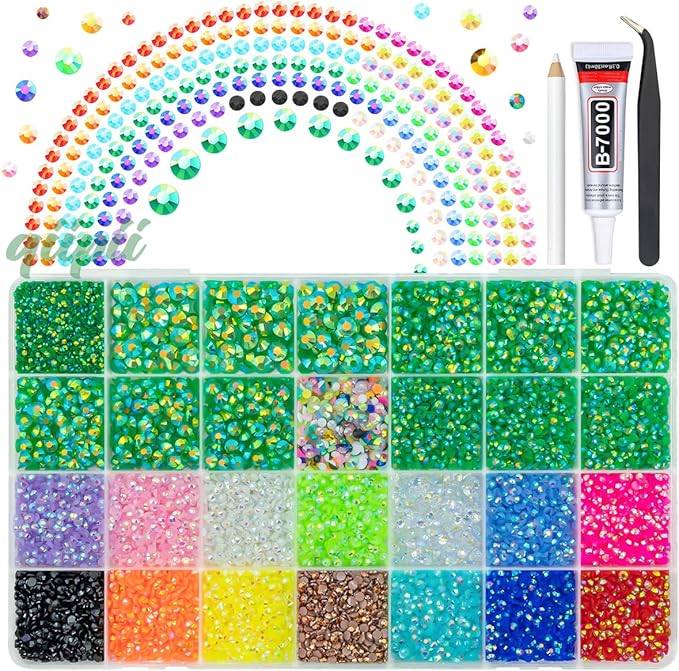 Emerald Green AB Resin Rhinestones w B7000 Glue for Crafting Bedazzling 2-6mm Flatback Colorful Jelly Stones Diamonds Gems Bedazzler Kit for Nails Face Eyes Makeup Tumblers Bottles Crafts Shoes