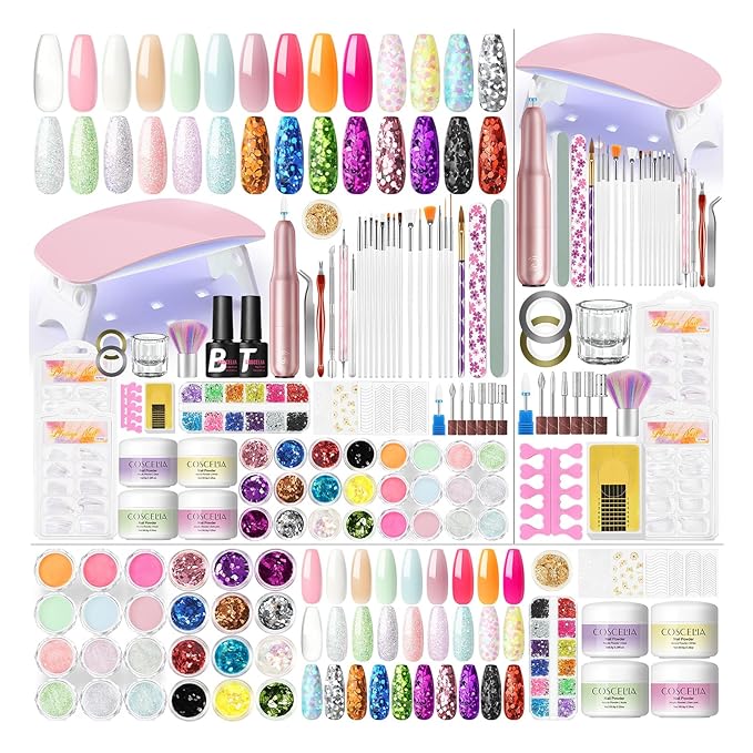 COSCELIA Acrylic Nail Kit for Beginners with Everything 4PC Acrylic Powder 24 PCS Glitter Powder Professional Nail Drill Light Rhinestones Tips Set Gifts for Women