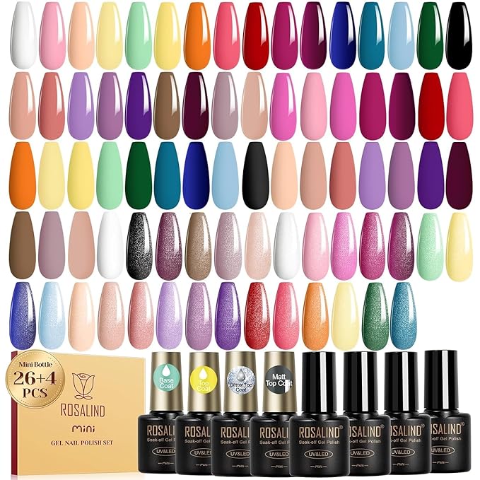ROSALIND 30pcs Gel Nail Polish Set, 26 Colors Gel Polish with 3Pcs Glossy Matte Glitter Top Coat and Base Coat All Seasons Nude Blue Red Gel Nails art Kit DIY Salon at Home