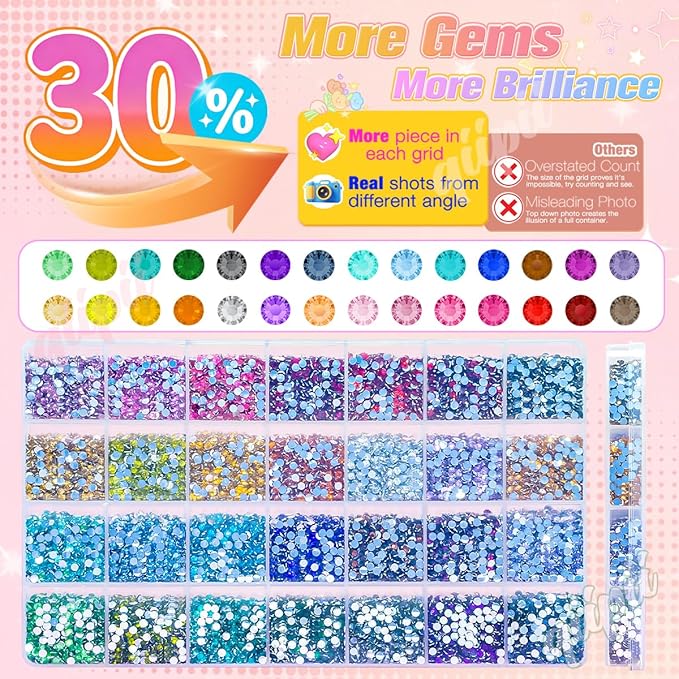 28 Color 3mm Crystal Resin Rhinestones w B7000 Glue for Bedazzling Crafting SS10 Flatback Colorful Stones Crystals Gems Diamonds Bedaazler Kit for Nails Eyes Face Makeup Tumblers Bottles Crafts