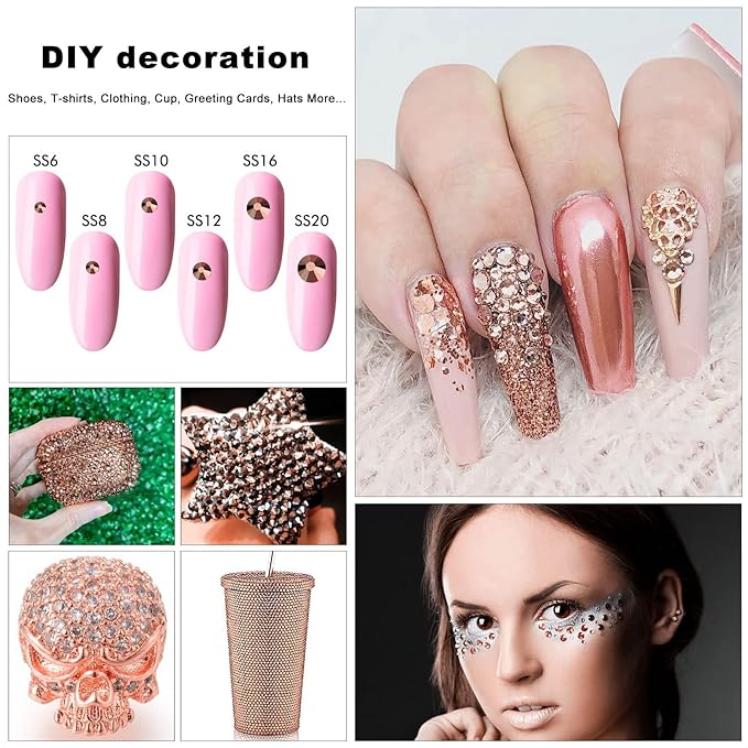 4240Pcs Rosegold Flatback Rhinestones 6 Sizes Crystal Diamonds for Nail Art Crafts Clothes Shoes with Tweezers and Picking Pen