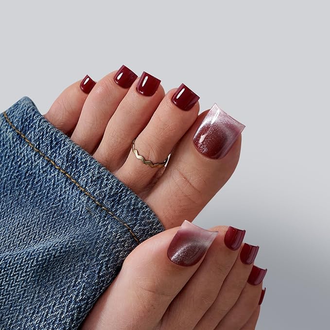 BTArtbox Press On Toenails - Sharp Square Opaque Red Toe Nail Press Ons with Glue for Women, Glitter Fake Toe Nail Tips in 15 Sizes - 30 Toenails Kit, Crimson Chaos