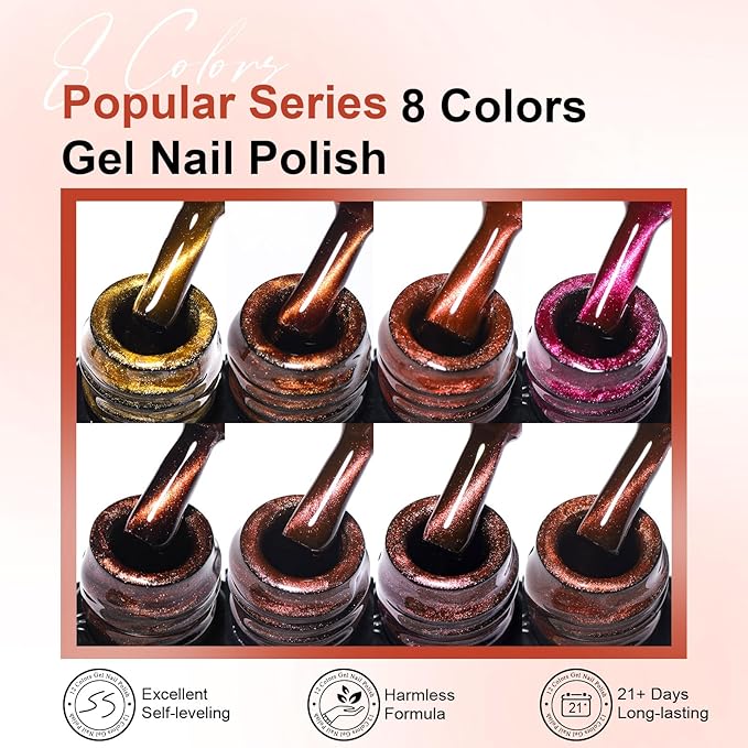 MEET ACROSS Amber Jelly Cat Eye Gel Nail Polish Set of 8 Colors Caramel Crystal Brown Shimmer Translucent Sheer Magnetic Nail Polish Kit with Base Top Coat and Magnet Gel Nail Art Manicure