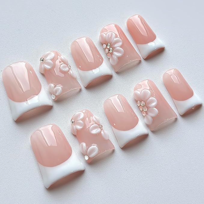 Luxury Press on Nails Short Duck Handmade 3D Unique Reusable ABS Material Fake Nails White French Tip False Nails with Designs Rhinestones Floral Glossy Glue on Nail Thick Acrylic Nail(S)