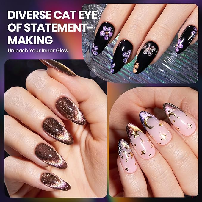 Beetles Cat Eye Gel Nail Polish Set - 6 Colors Chameleon Cat Eye Black Glitter Blue Pueple Gold Green Gel Polish with Magnet Soak Off UV Velvet Gel Enchanted Spectrum Collection Salon Gift for Women