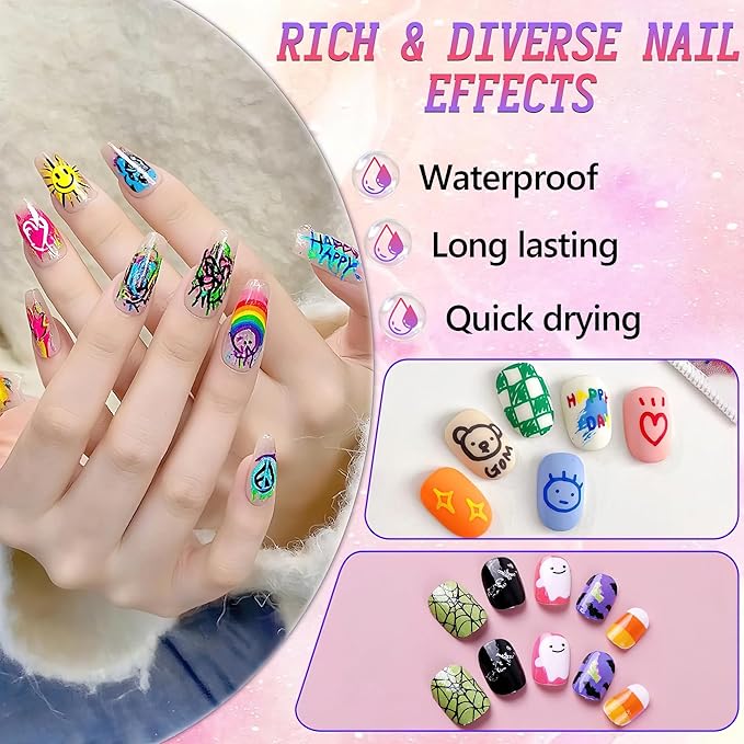 Nail Art Pens Set, 12 Colors Water-Based Nail Design Markers, 0.5mm Fine Tip for 3D Drawing, Painting, DIY Manicure Tools