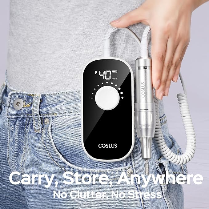 COSLUS Professional Rechargeable Electric Nail Drill 40000 RPM, Portable Nail File with Storage Stand for Acrylic Gel Polishing Removing - Easy to Use for Women, Manicure at Home DIY or Salon, White