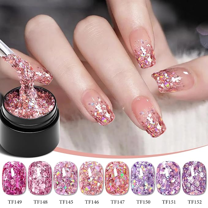 MEET ACROSS 9Pcs Glitter Sequins Gel Nail Polish Sparkly Shiny Pink Purple Gel Polish Set with 1Pc Nail Brush Nail Gel Nail Art Manicure Salon Kit 8 Colors
