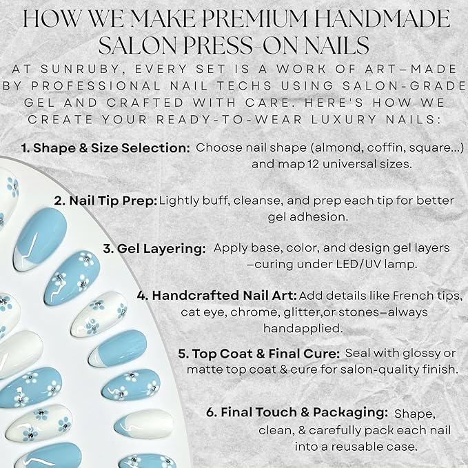 Handmade Press On Nails Medium Almond Pastel Blue White Flower with French Tip|Reusable Soft Gel Nails in 12 Sizes -24 Nail & Kit with Glue|Designed in L.A,Hand Painted in Vietnam|Fleur de Sky
