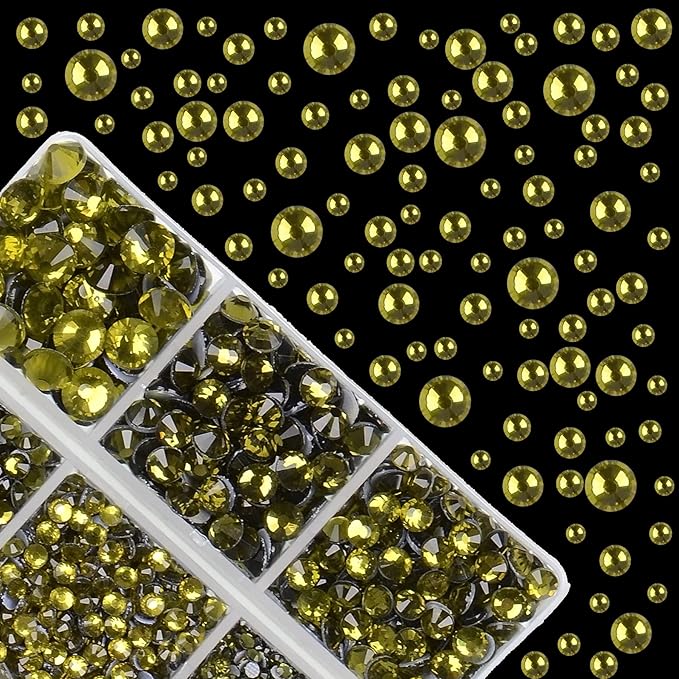 4000Pcs Mixed Size Hot Fix Round Crystals Gems Glass Stones Hotfix Flat Back Rhinestones (Olivine)