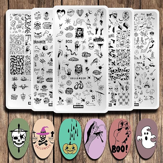 5 Pcs Nail Stamping Plate Halloween Theme Stamp Plates Skull Ghost Witch Pumpkin Image Nail Stamper Plate Art Design Stamp Kit Snake Spider Bat Print Manicure Template Set Festival Stencil Tools