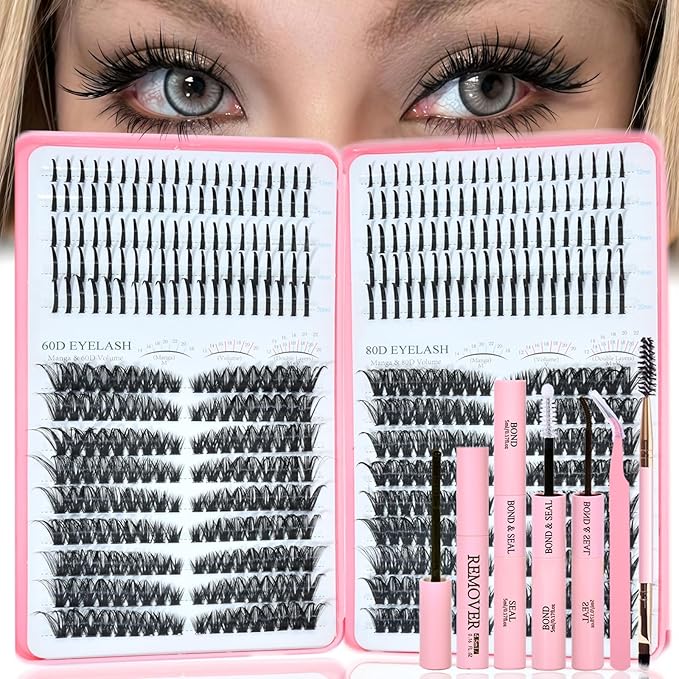 Lash Clusters Kit with Spikes, 60D+80D Left Right Eyelash Clusters Extensions Individual D Curl Fluffy Wispy False Eyelashes DlY Manga Lashes Extension Kit (12-22mm, Left Right Lash Clusters Kit)