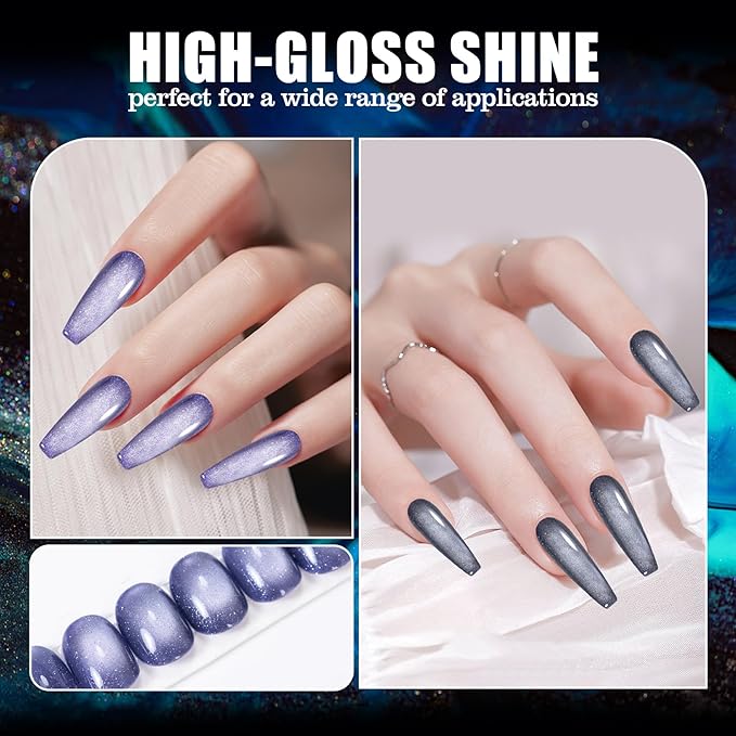 Adhere 7Pcs 12ML Cat Eye Gel Nail Polish Set, Multi Colorful Light Reflective Glitter Cat Eye, Sparkling Diamond Magnetic Shine Pearl Color Dark Cat Eye with Magnet