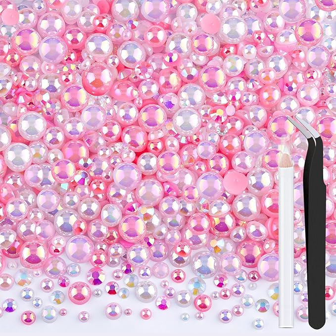 80g Flatback Pearls and Rhinestones for Bedazzling, Pink White Mixed Size 3-10mm Resin Rhinestones and Half Pearls for Crafting, Nail Art and Grad Cap Decoration with Tweezers and Pickup Pencil