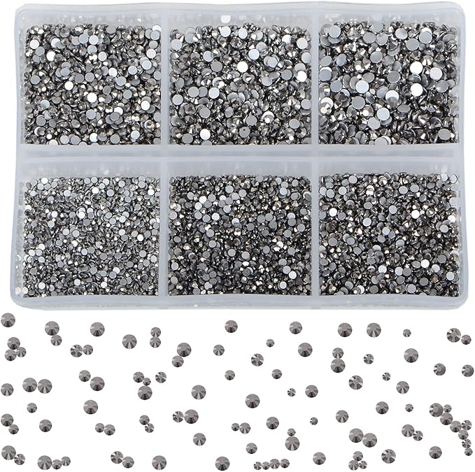 Bymitel 7200 Pieces 6 Mixed Sizes Glue Fix on Glass Rhinestones Round Crystal Gems Flatback for DIY Jewelry Making with one Picking Pen(6-Sizes 7200PCS, Jet Hematite)