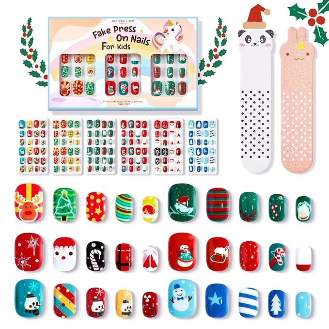 Modelones Christmas Press on Nails for Kids 144Pcs 6 Pack Children Girls Toys 8-10 Acrylic Fake Nails Pre-glue Full Cover Snowflake Red Xmas Short False Nail Art Kits Sets Gifts For Kids Girls
