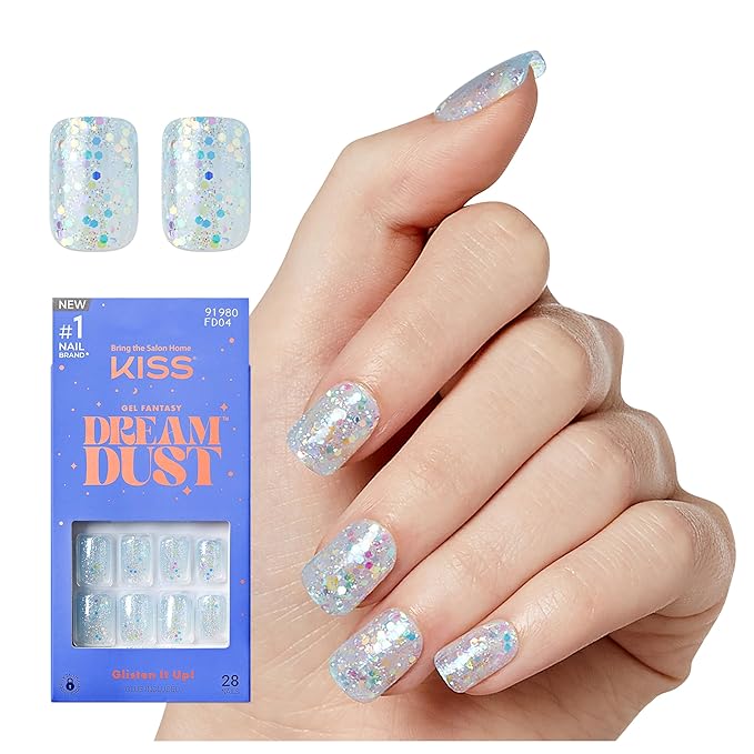 KISS Gel Fantasy, Press On Nails, Nail glue included, 'Champagnes', Light Blue, Short Size, Squoval Shape, Includes 28 Nails, 2G Glue, 1 Manicure Stick, 1 Mini File