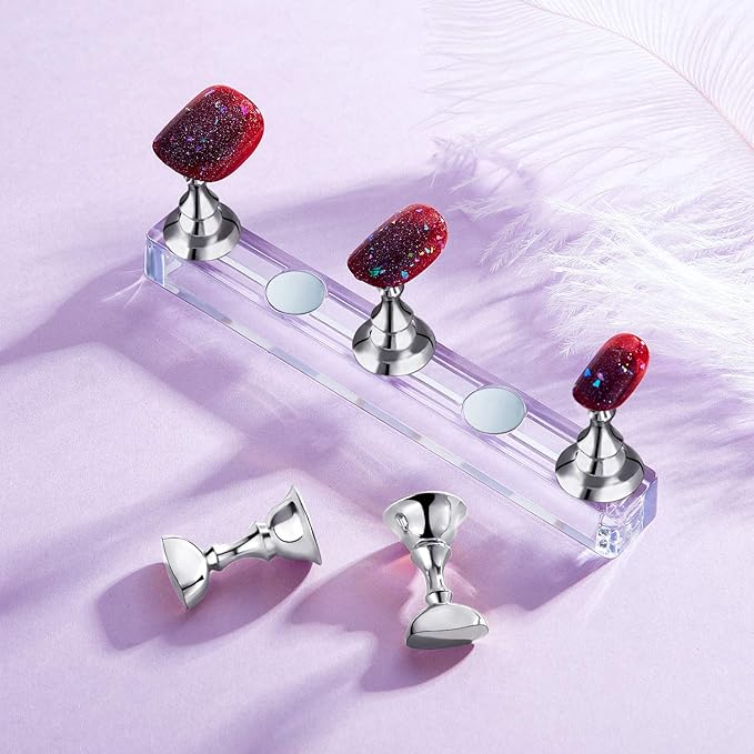 Blulu 2 Sets Nail Stand for Press on Acrylic Nails Display Practice Magnetic Fake Nail Holder for Painting Nails for False Fingernail Manicure Tool Home DIY Salon Supplies(Silver)