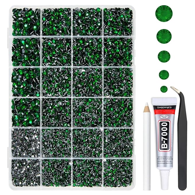 Emerald Green Crystal Resin Rhinestones w B7000 Glue for Bedazzling Crafting 2mm-6mm Flatback Stones Diamonds Crystals Gems Bedazzler Kit for Nails Face Eyes Makeup Tumblers Bottles DIY Crafts