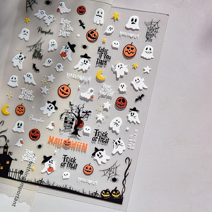 Halloween Nail Stickers 3D Self-Adhesive Cute Ghost Haunted House Nail Art Stickers Pumpkin Spider Web Nail Decals Moon Star Nail Designs Holiday Nail Art Decoration for Women Girls Manicure 1 Sheet