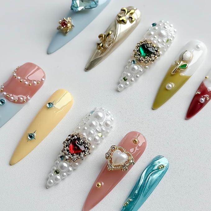 Luxury Press on Nails Long Stiletto Handmade 3D Unique Reusable ABS Material Fake Nails Full Rhinestones False Nails with Designs Flower Heart Charms Glossy Glue on Nail Thick Acrylic Nail(M)
