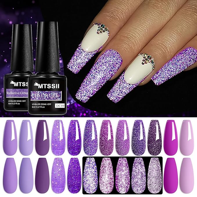 MTSSII Purple Reflective Gel Nail Polish Set, 12 Colors Lavender Violet Sparkly Gel Polish Diamond Shiny Glitter Soak Off Led Nail Polish for Women Girl DIY Nail Art Gift