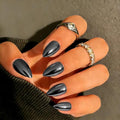 Chrome Press on Nails Short Almond, Metallic Smoky Gray Fake Nails with a Sparkle Mirror Finish, Glitter Glue on Nails for Women Birthday Party, Thick Quality Soft Gel Nail Press ons 30 Pcs