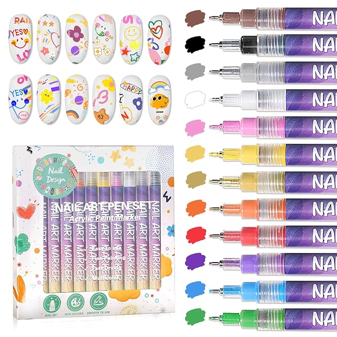 12 Colors Nail Art Pens Set, Nail Art Markers Polish Pens for Painting Nails, Acrylic Paint Drawing Painting Dotting Markers Pen Quick Drying Nail Art Design Manicure Tools 0.5mm