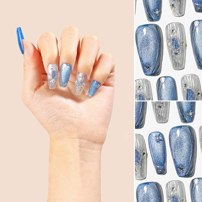 Sun&Beam Nails Handmade Press-on Medium Long Coffin Nails Silver White Blue False Nail Tips Design Baroque Style Fashionable 10 Pcs Set (#154 S)