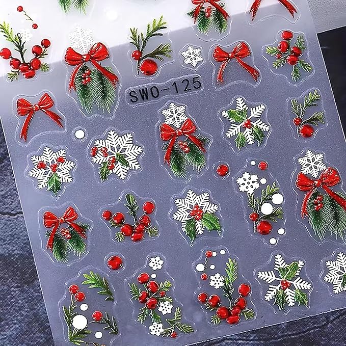 6Pcs Christmas Nail Art Stickers 3D Embossed Christmas Holly Bow Nail Decals Self Adhesive Winter Nail Supplies Xmas Design Snowflake Nail Stickers for Women New Year DIY Manicure Art Accessories