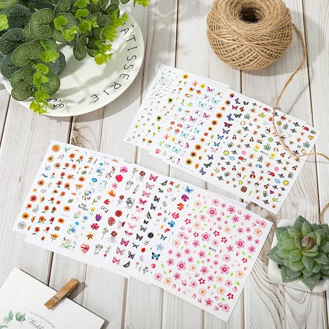 Whaline 18 Sheets Floral Butterfly Nail Art Stickers Daisy Flower Blossom Sunflower Bee Assorted Colorful Decorative Self-Adhesive Nail Decals for Spring Summer DIY Manicure Party Decor