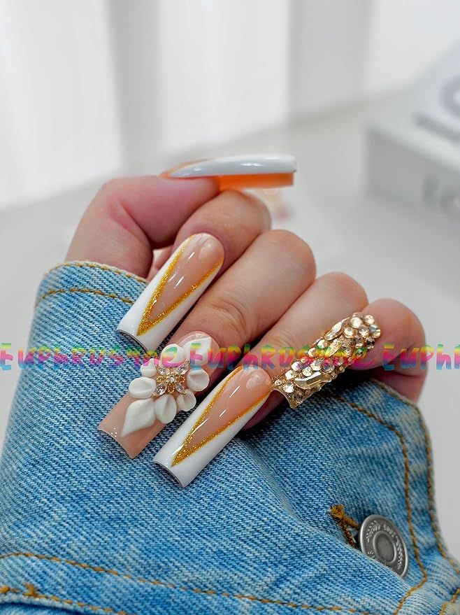 Euphrosyne Elegant Press On Nails – 10pcs Long Almond Fake Nails in Nude Peach with Gold French Tips, 3D Floral Designs & Rhinestone Accents