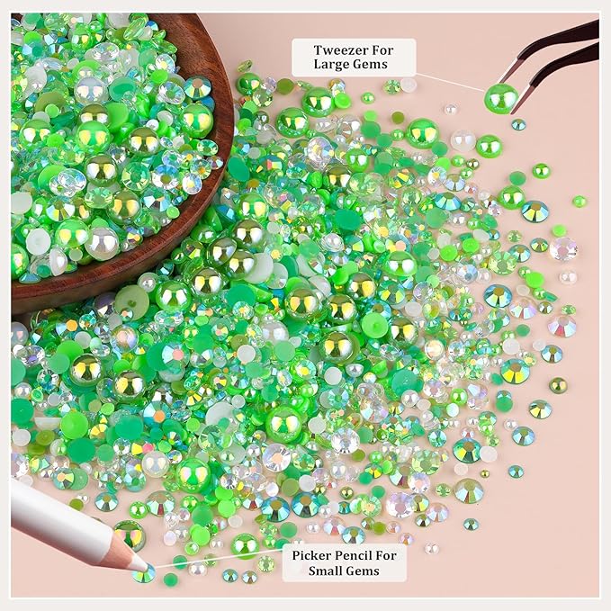 14000PCS Flatback Pearls and Green Rhinestones for Bedazzling Kit, Green Mixed Size 3-10mm Resin Rhinestones Gems and Half Pearls for Crafting, Nail Art Crafts Decoration