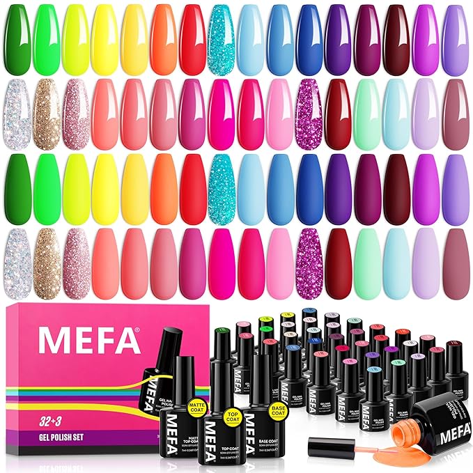 MEFA 35 Pcs Gel Nail Polish Set, 32 Colors Christmas Neon Rainbow Bright Gel Nail Polish Yellow Hot Pink Nail Art Manicure DIY Decoration Beginners Salon Home Gift for Women