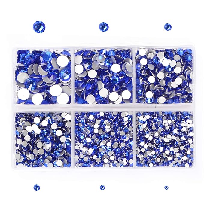 AD Beads 4300 Pieces Flat Back Nail Art Rhinestones Round Beads 6 Sizes (2-6.5mm) with Storage Organizer Box,Rhinestones Picking Pen for Nail Art Phone Decorations Crafts DIY (Royal Blue)