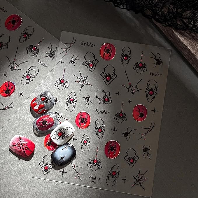 Halloween 5D Embossed Nail Art Stickers Decals Spider Gem Nails Sticker Spider Web Nails Decal Self-Adhesive Nail Art Decals for Women Halloween Decor