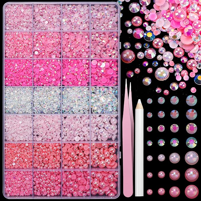 22000 Pcs Pink Flatback Pearls and Rhinestones Bedazzling Kit, Resin Rhinestones Gems for Crafting, Mixed Size Half Pearls Gems for Nails Face Eyes Makeup Bottles Shoes DIY Crafts