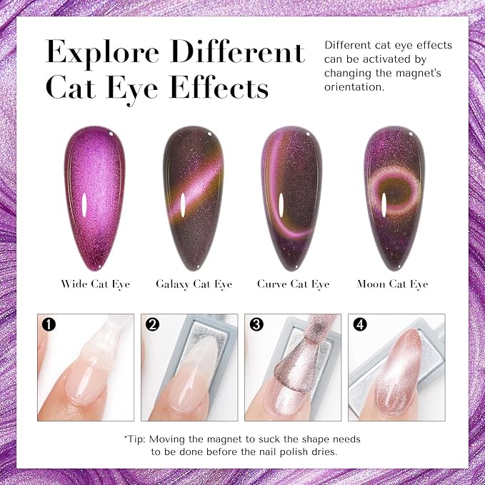 AZUREBEAUTY Cat Eye Nail Polish Set Quick Dry Mooncat Glitter Holographic Purple Black Red 4 Colors Natural Fingernail with Top Coat DIY Salon Home no Gel