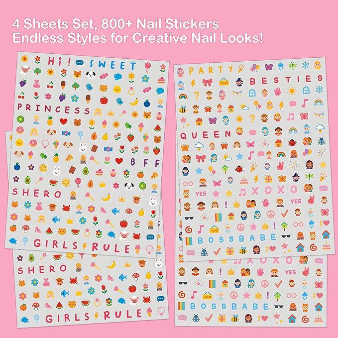 Mini Nail Art Stickers - 800 Pcs Birthday Party Favors, Cute 3D Self-Adhesive Flowers, Animals, Fruits Designs - DIY Home Nail Art Decals for Women Easter Basket (6 Sheets)