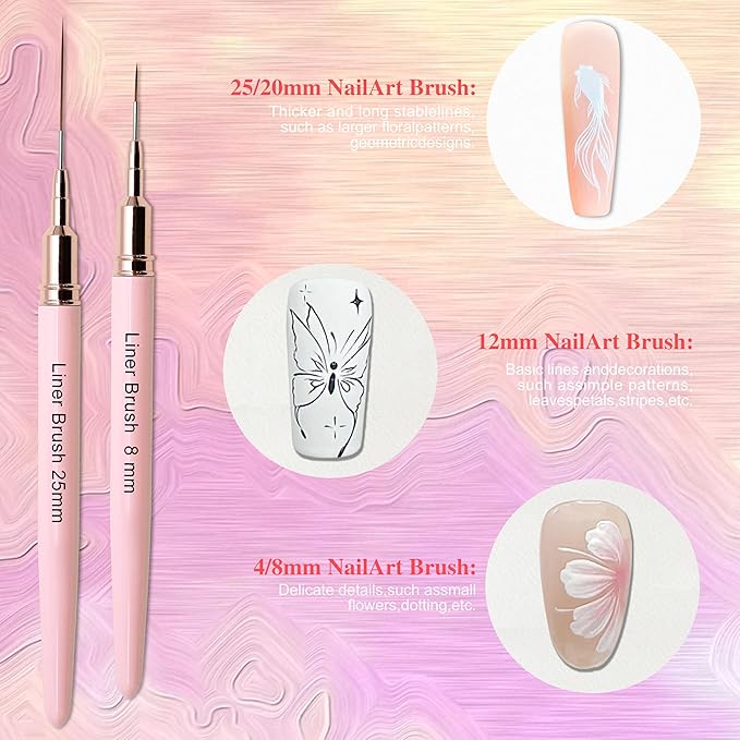 5Pcs Premium Nail Art Brushes Kit - Slim Detail/Dotting/Liner Tools for Acrylic, Gel & Designs (4/8/12/20/25mm) - Salon Quality Pink Set