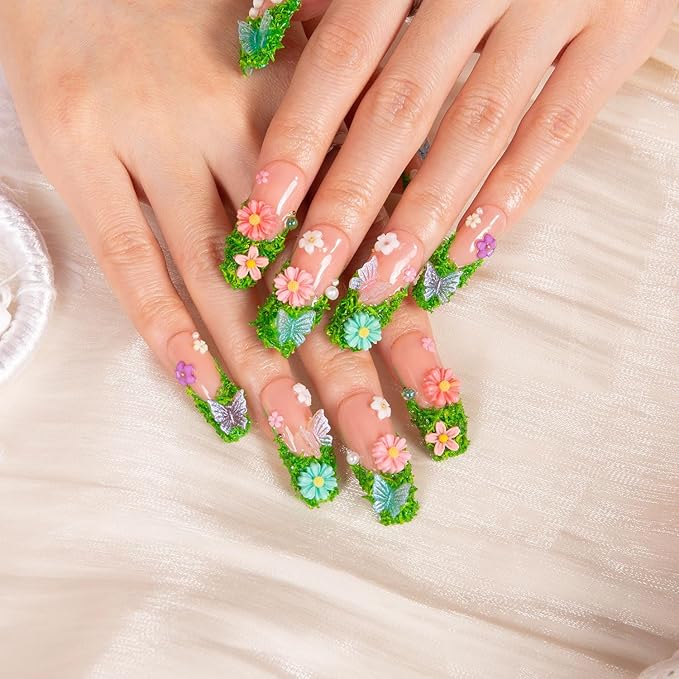 LOVFUL Press on Nails Fairy Tale Garden | Handmade with Full Covered Crystals | Reusable Full Cover Nails | Coffin Classic Regular 1.3 in | H151-M