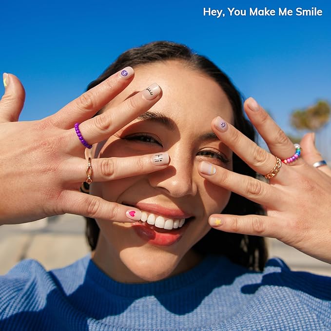 Heyhae Semi Cured Gel Nail Strips | No LED Lamp Needed | Spring, Marble, Pink | Easy Apply & Remove, Salon Quality | Includes 1 Prep Pads, Nail File & Wooden Stick - Hey, You Make Me Smile