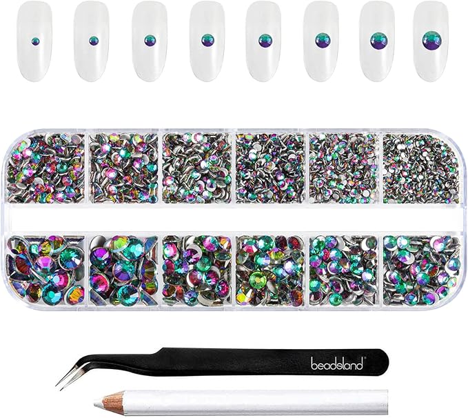 Beadsland Rhinestones for Makeup,8 Sizes 2500pcs Green Flatback Rhinestones Face Gems for Nails Crafts with Tweezers and Wax Pencil,Green Volcano,SS4-SS30