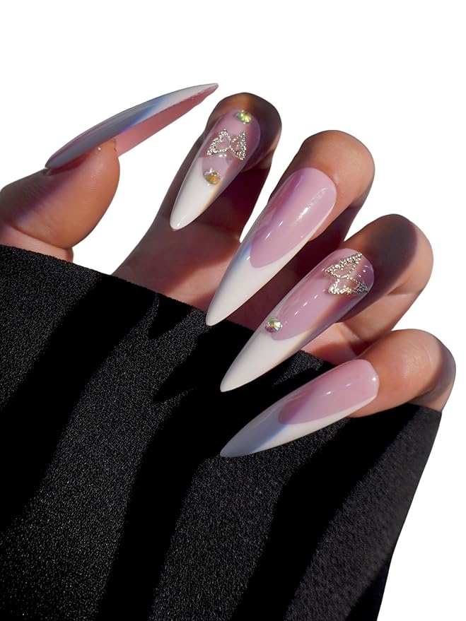 HAND-PAINTED White Press Ons Neon Small Press on Nails Long French Press on Nails Coffin Medium Short Nail art Fake Nail Art Kit with 7g Glue on Nails Handmade Almond Square Nails (Small, T14)