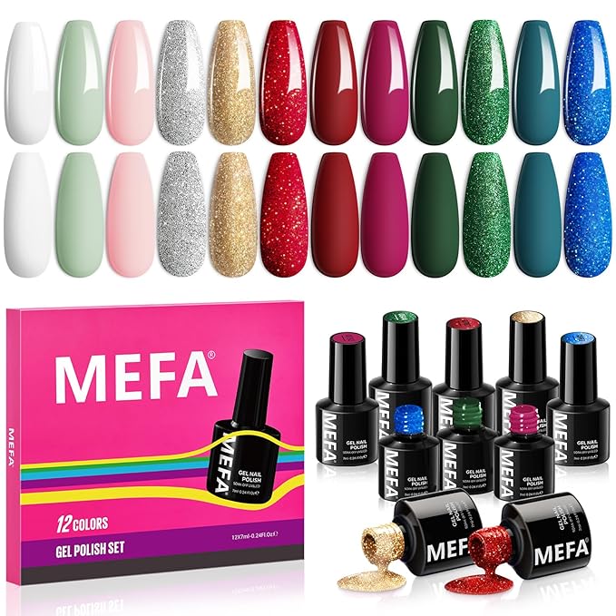 MEFA Gel Nail Polish Set Limited Edition, 12 Colors Burgundy Red Dark Green Glitter Gel Polish Winter Silver Gold Sparkle Nail Polish Manicure Soak Off Salon Christmas Gifts for Women Girl